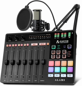 ALABS Fxcaster Podcast Equipment Bundle - All-in-One Podcasting Starter Setup with 7-Channel Soundboard, Audio Interface, and 25mm Diaphragm XLR Microphone for Live Streaming, Recording, and TikTok audio interface,USB interface,music recording input,