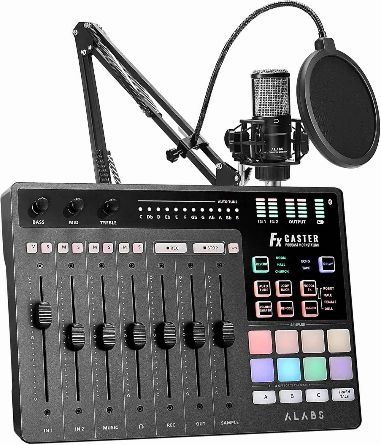 ALABS Fxcaster Podcast Equipment Bundle - All-in-One Podcasting Starter Setup with 7-Channel Soundboard, Audio Interface, and 25mm Diaphragm XLR Microphone for Live Streaming, Recording, and TikTok audio interface,USB interface,music recording input,