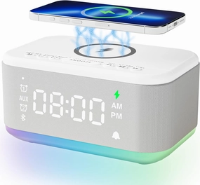 Alarm Clock Speaker Wireless Charger, Digital Alarm Clocks Bedrooms Bluetooth, Alarm Clock Dimmable Light Bedrooms Dual Alarm Snooze Dimmer 12 24H RGB Night Light Bluetooth USB AUX, White wireless speakers,portable Bluetooth speaker,multiroom speaker,