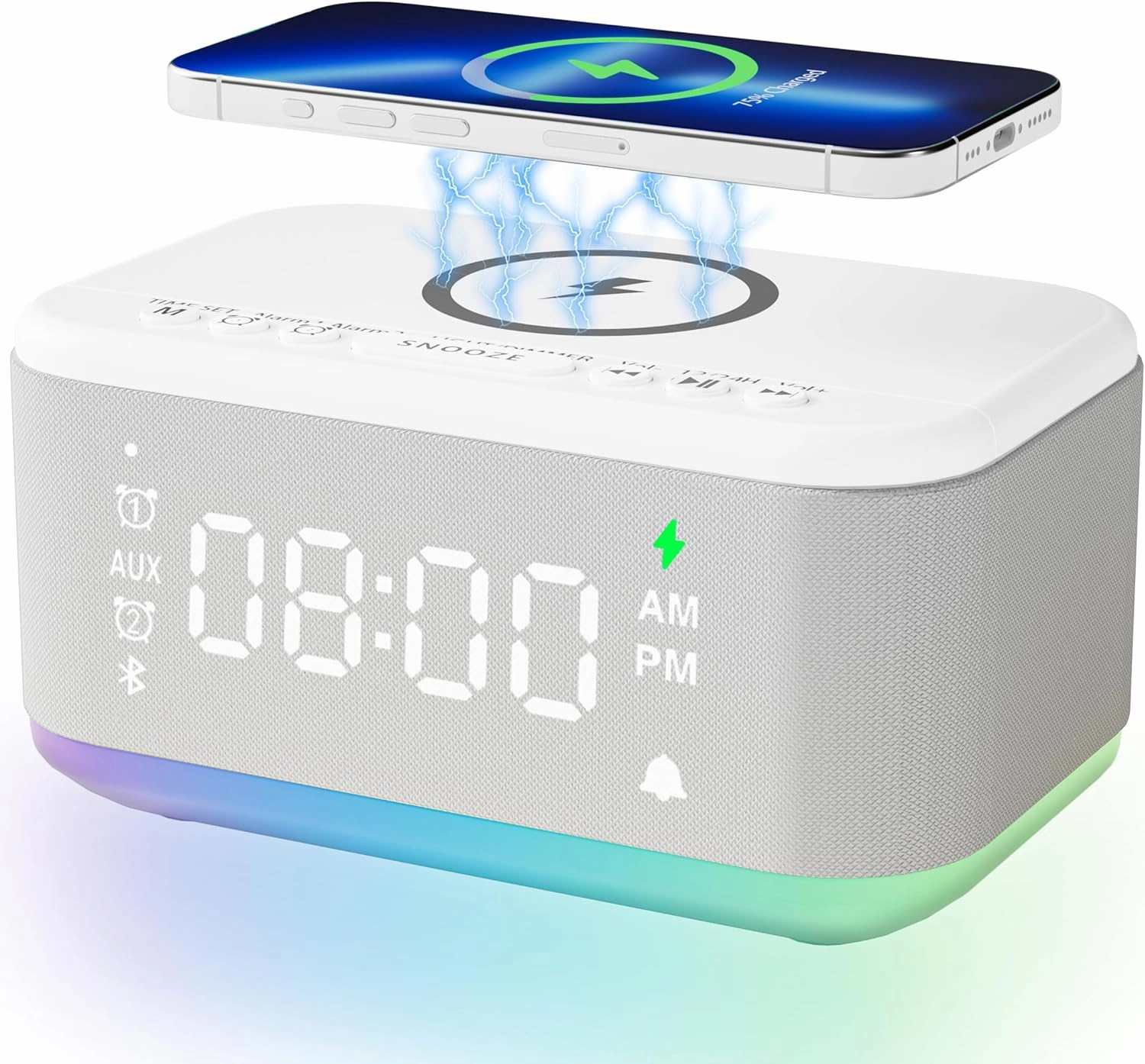 Alarm Clock Speaker Wireless Charger, Digital Alarm Clocks Bedrooms Bluetooth, Alarm Clock Dimmable Light Bedrooms Dual Alarm Snooze Dimmer 12 24H RGB Night Light Bluetooth USB AUX, White wireless speakers,portable Bluetooth speaker,multiroom speaker,