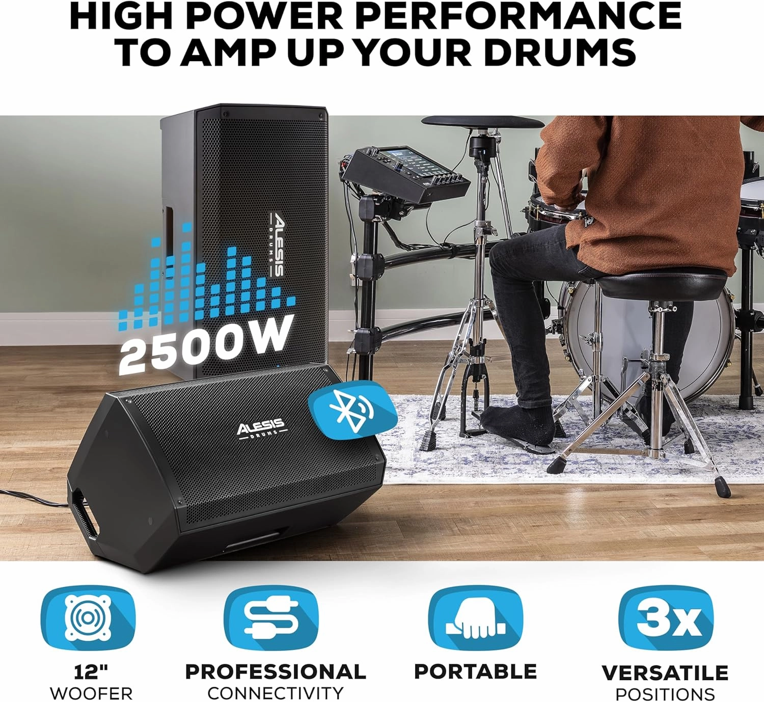 Alesis Strike Amp 12 MK2-2500W Drum Amp Speaker for Electric Drum Set with Bluetooth, 12" Woofer, HPF EQ and Ground-Lift Switch