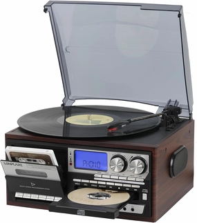 All in One Vintage 3 Speed Vinyl Record Player with Built-in Speakers,Bluetooth in/Out Turntable,CD Player/Cassette/USB/TF Card,AUX in,FM/AM Radio,RCA Out,Recording direct-drive turntable,DJ turntable,hi-torque vinyl deck,