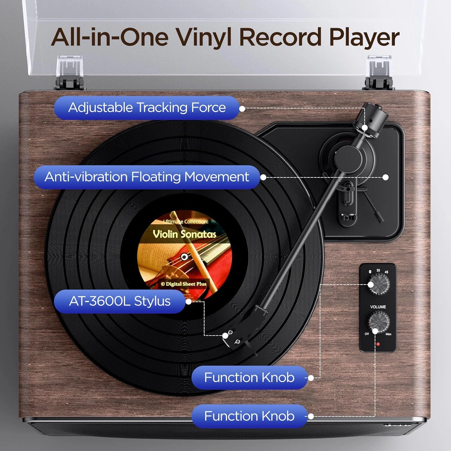 All in One Vinyl Record Player,Bluetooth Turntable Built in 4 Stereo Speakers Phono Preamp,High Fidelity Turntables for Vinyl Records with Magnetic Cartridge AT-3600L MM,Belt Drive 2-Speed,Auto Off