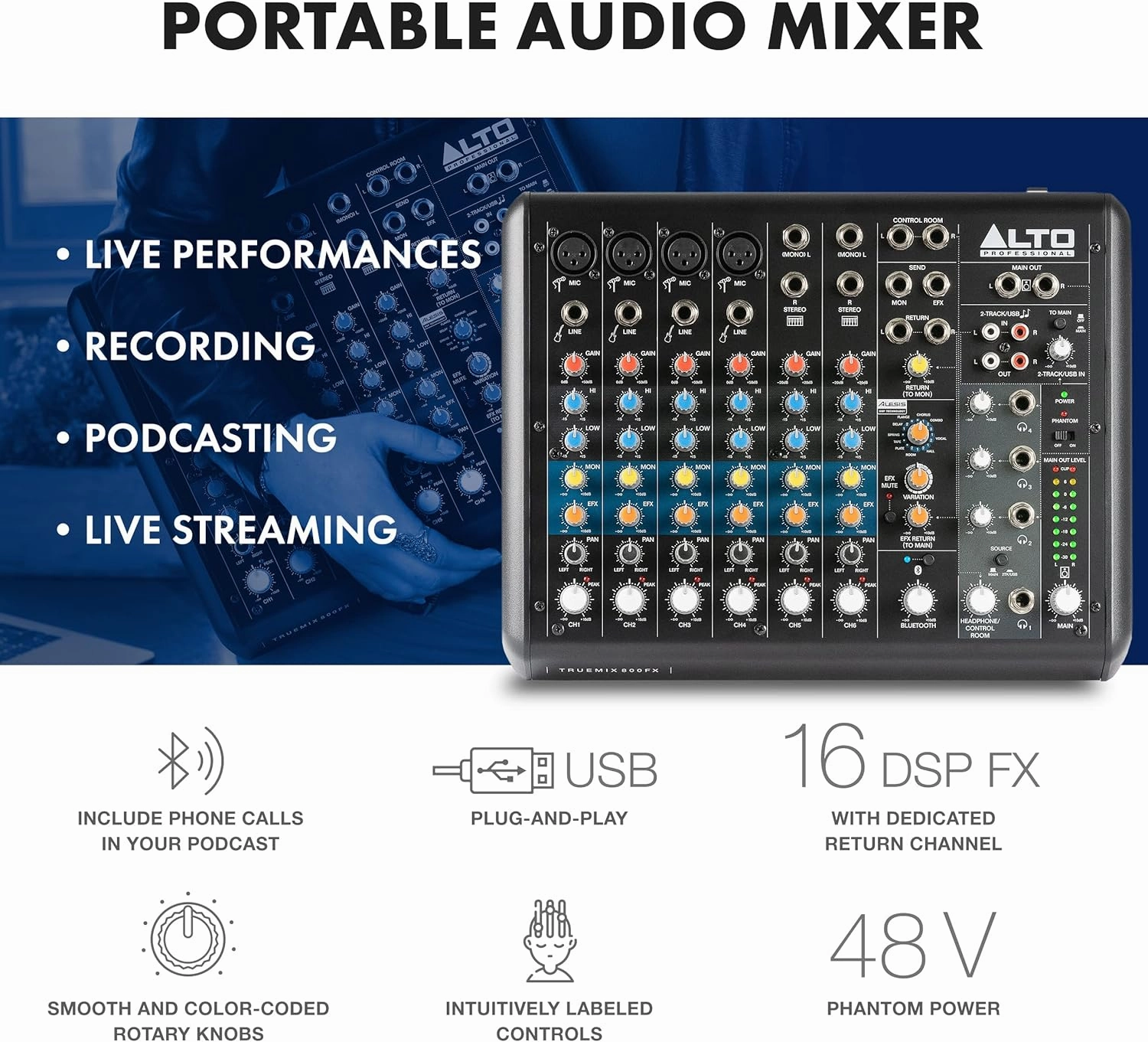 ALTO TrueMix 800FX audio Mixer with 4 XLR Mic Ins, USB Audio Interface and Bluetooth for Podcasting, Live Performance, Recording, DJ, Mac and PC