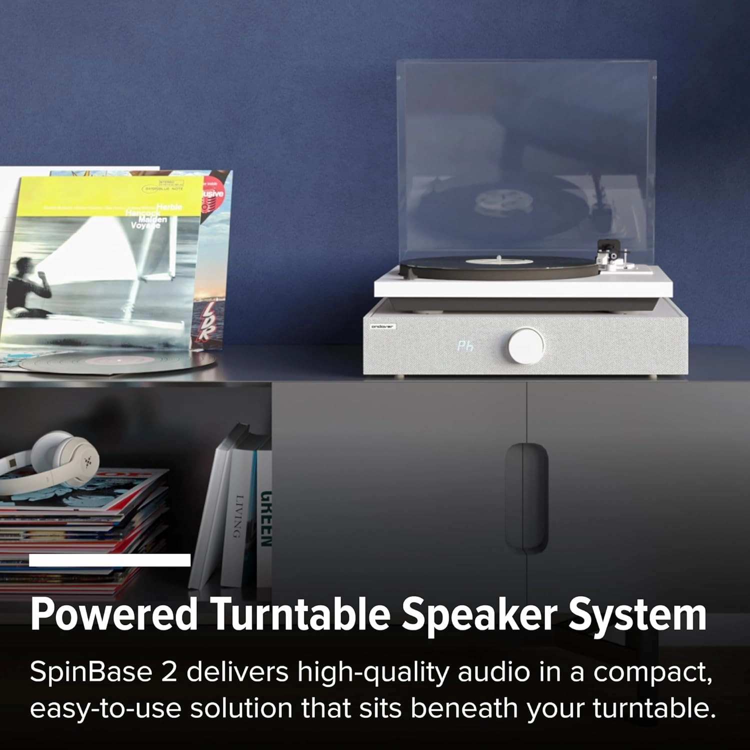 Andover Audio Spinbase 2 Speaker System Designed for Turntables; Phono Input, BT, Analog and Optical Input, ISOGroove Anti-Feedback, with Remote Control (Black)