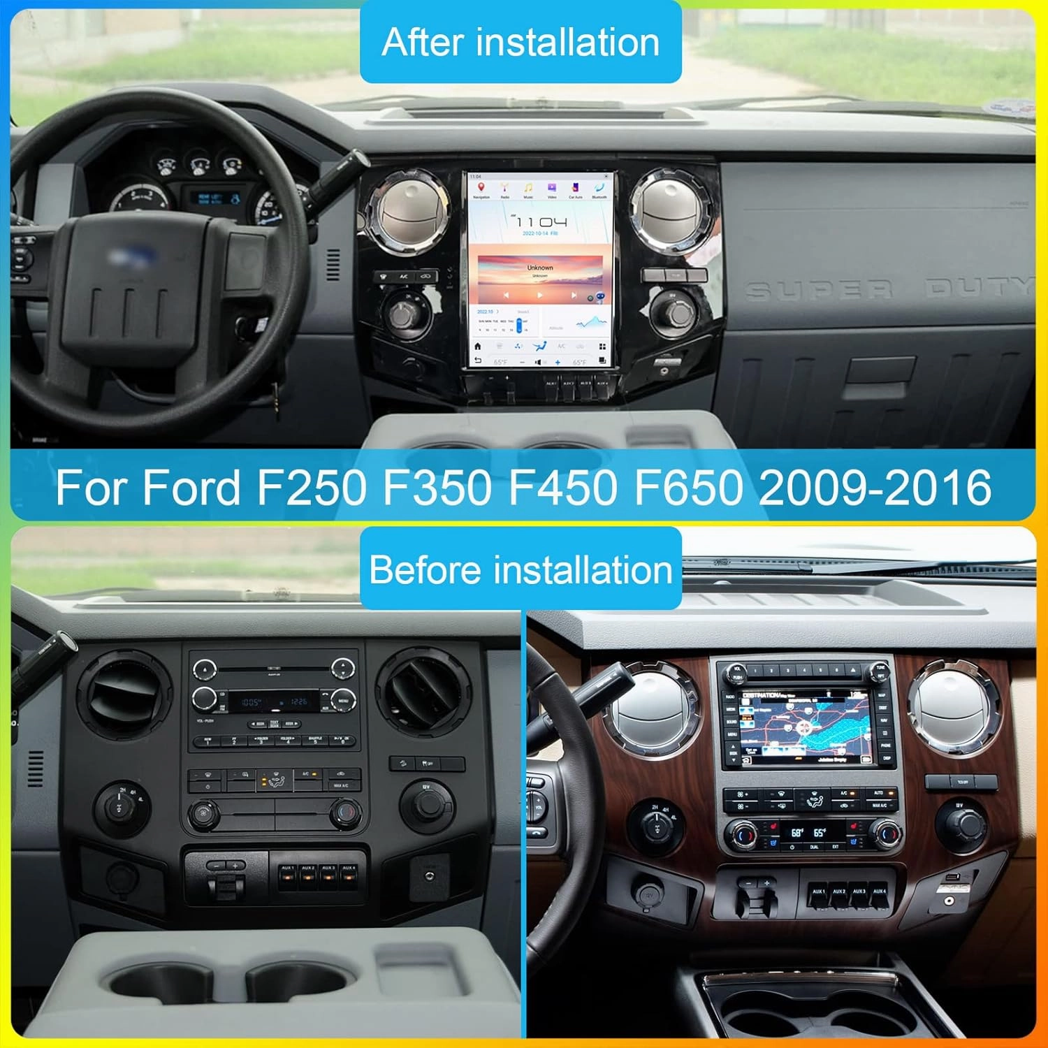Android 11 Qualcomm Car Radio for Ford F250 F350 F450 F650 2009-2016 Stereo Replacement Tesla Style Dash Touch Screen Android Auto GPS Navigation Head Unit Audio Multimedia Player