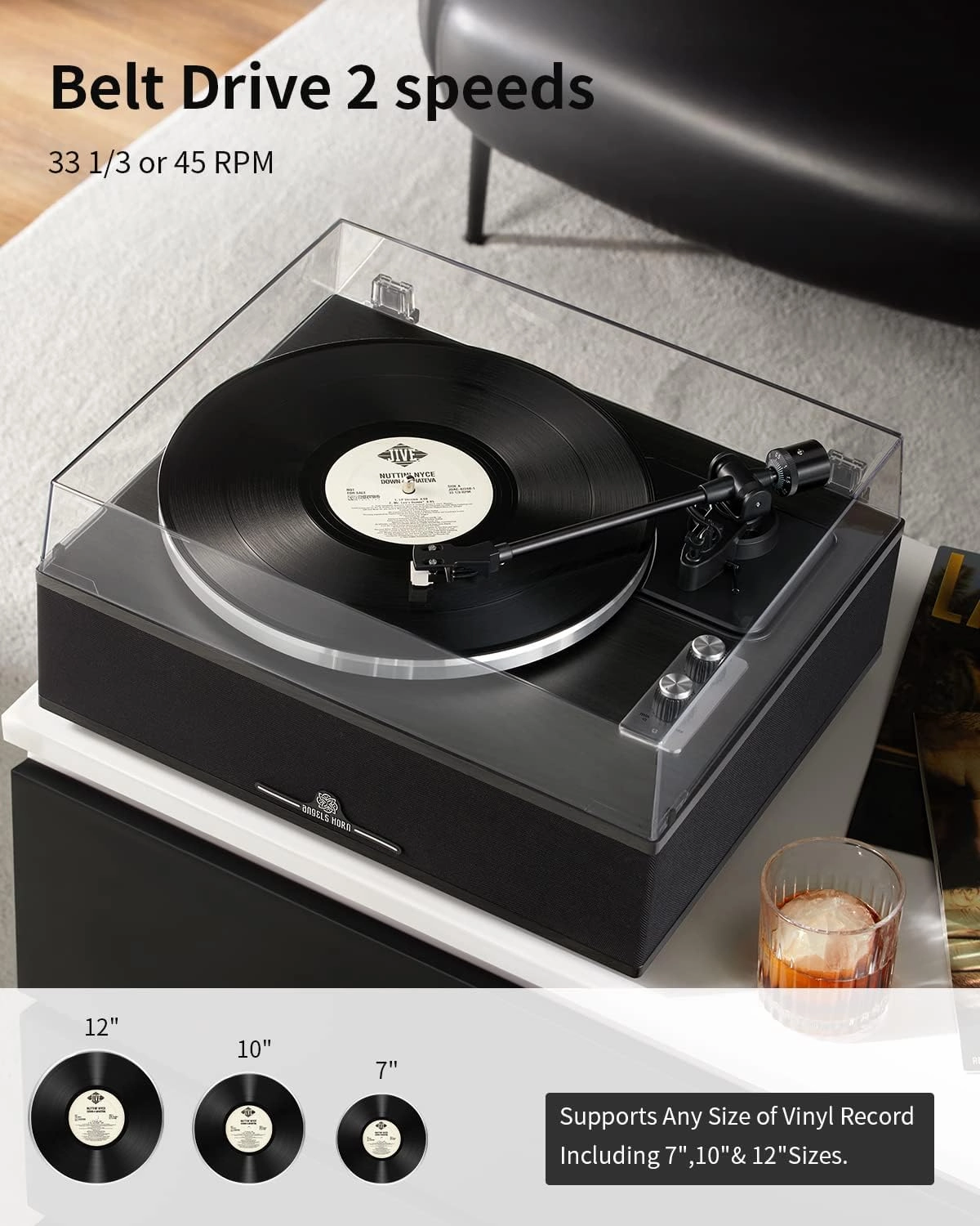 ANGELS HORN Bluetooth Vinyl Record Player - High-Fidelity 2-Speed Turntable with Built-in Speakers - Includes Phono Preamp & Magnetic AT-3600L Cartridge - Black Classic Edition