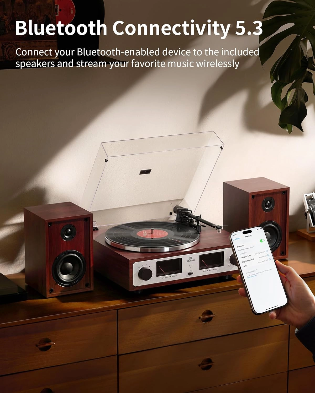 ANGELS HORN High Fidelity Bluetooth Turntable, Vinyl Record Player with Bookshelf Speakers, Built-in Phono Preamp, Belt Drive 2-Speed, Pitch Control, Adjustable Counterweight, AT-3600L