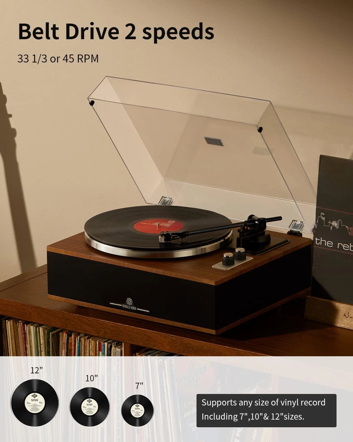 ANGELS HORN Vinyl Record Player, Bluetooth Turntable with Built in Speakers Phono Preamp, High Fidelity Turntables for Vinyl Records with Magnetic Cartridge AT-3600L, Belt Drive 2-Speed