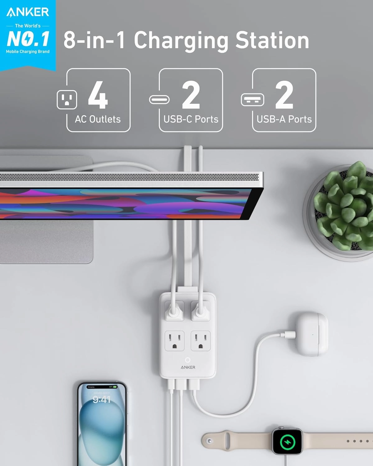 Anker Charging Station, 20W Max 8-in-1 USB-C Power Strip for iPhone 15/14 and MacBook Air/Pro, 5 ft Thin Cord with 4 AC, 2 USB-A, and 2 USB-C Ports, Fast Charging Desktop Charger for Travel, Office