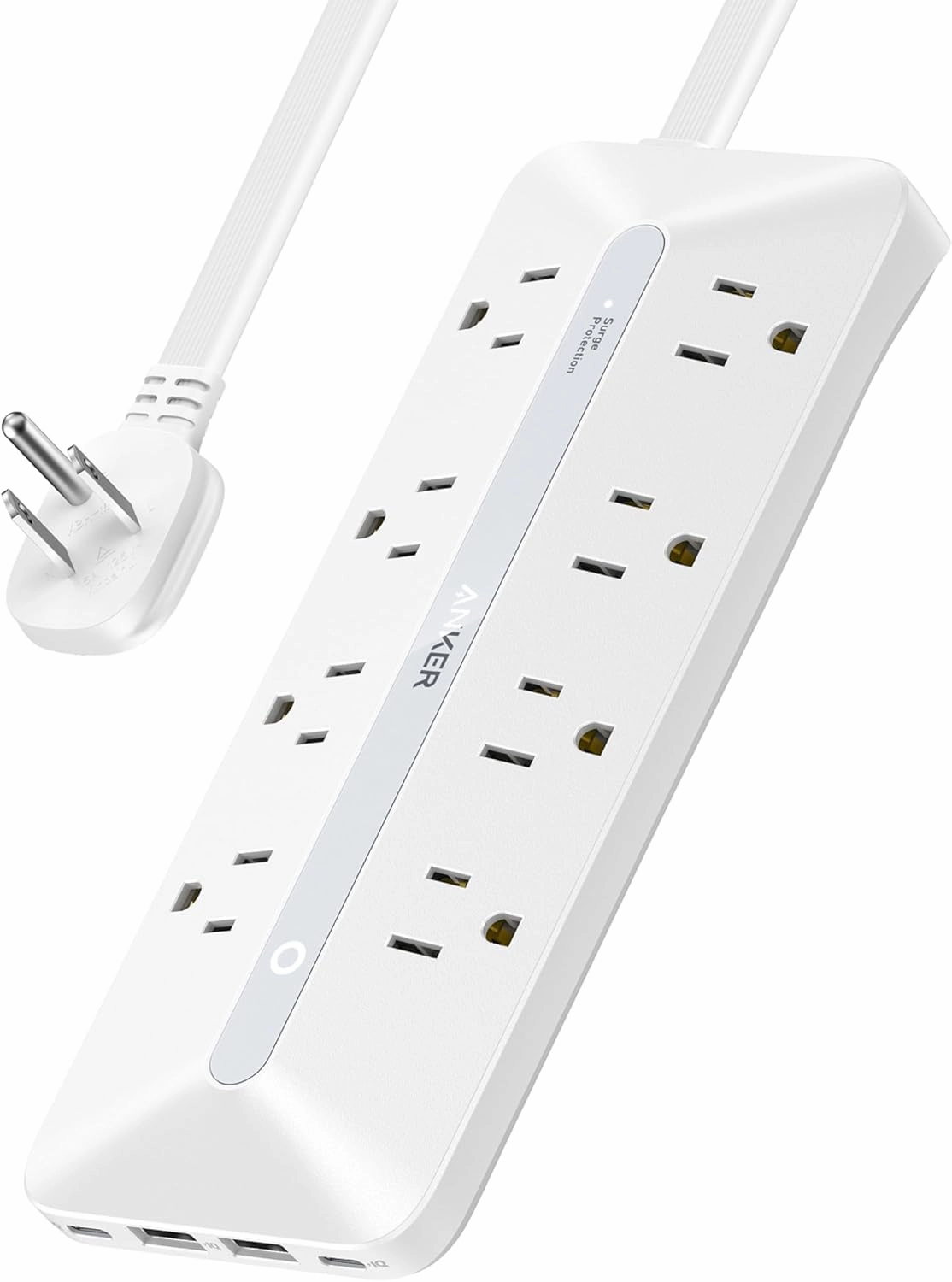 Anker Flat Plug Power Strip, 12-in-1 USB-C Power Strip with 8 AC, 2 USB-C, and 2 USB-A Ports, 5 feet Extension Cord, Slim Desk Charging Station, 900J Surge Protection, 35W Max for Home, Office, Dorm power cord,hi-fi power cable,AC power lead,