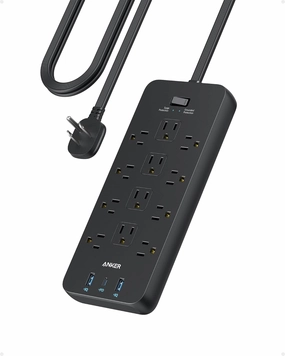 Anker Surge Protector Flat Plug Power Strip(2100J), 12 AC Outlets, 5feet Flat Extension Cord, 1USB C and 2 USB Ports for Multiple Devices, 20W Fast Charging for Home, Office, Dorm Essential, TUV power cord,hi-fi power cable,AC power lead,
