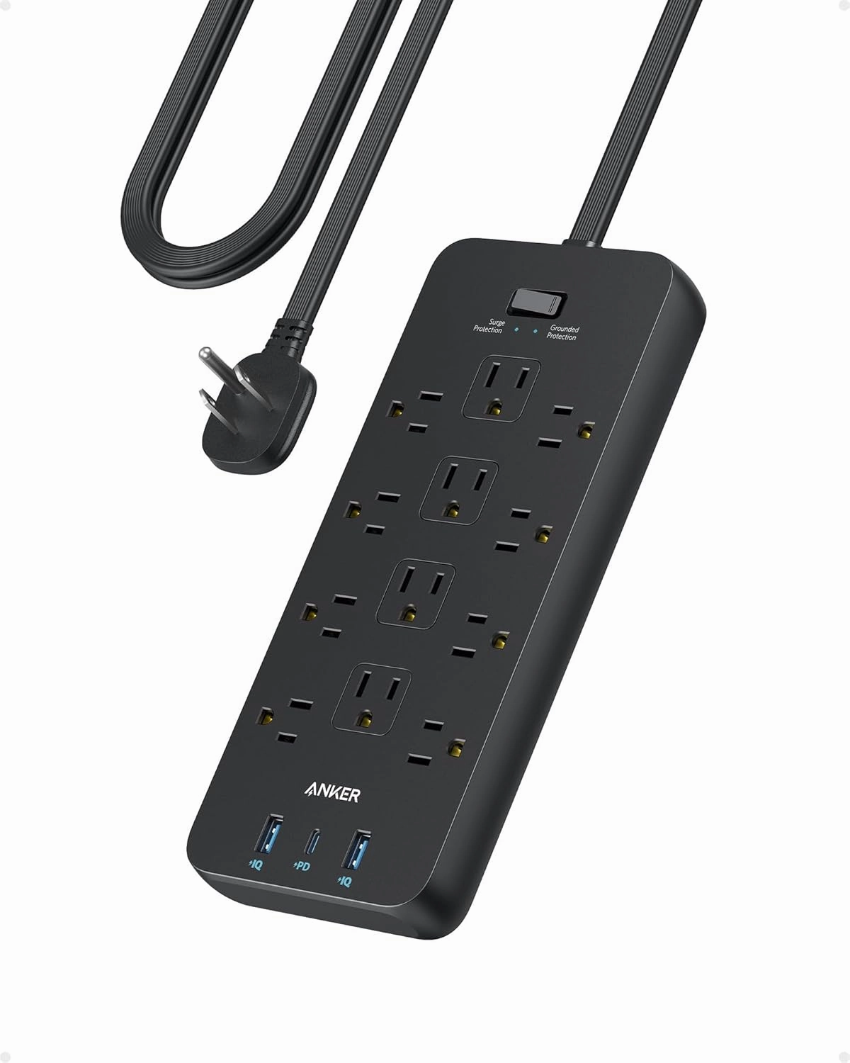 Anker Surge Protector Flat Plug Power Strip(2100J), 12 AC Outlets, 5feet Flat Extension Cord, 1USB C and 2 USB Ports for Multiple Devices, 20W Fast Charging for Home, Office, Dorm Essential, TUV power cord,hi-fi power cable,AC power lead,