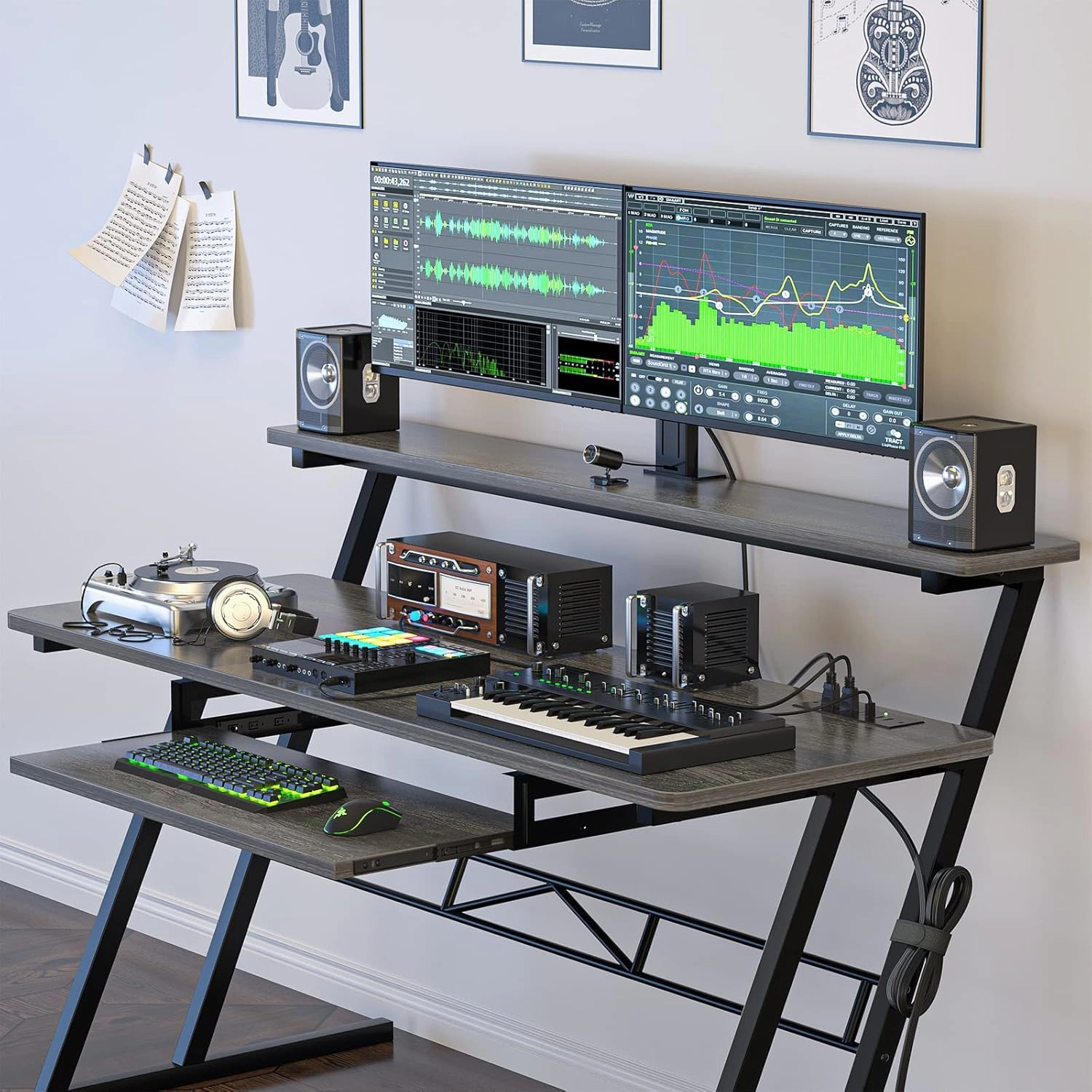 armocity 47'' Music Studio Desk with Power Outlet, Studio Desk for Music Production, Recording Studio Desk for Producer, Studio Workstation Desk for Music Recording, Piano Tray, Raised Stand, Oak
