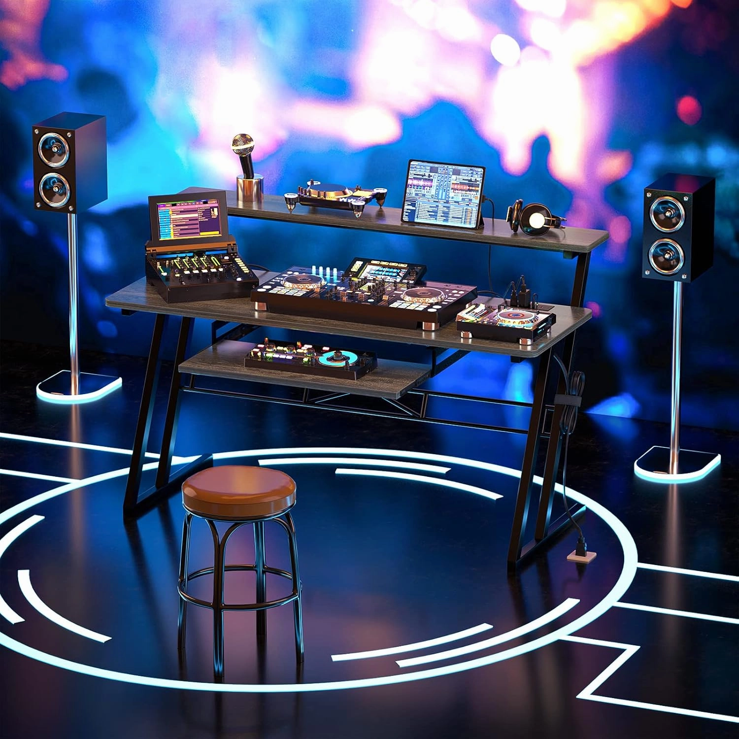 armocity 47'' Music Studio Desk with Power Outlet, Studio Desk for Music Production, Recording Studio Desk for Producer, Studio Workstation Desk for Music Recording, Piano Tray, Raised Stand, Oak