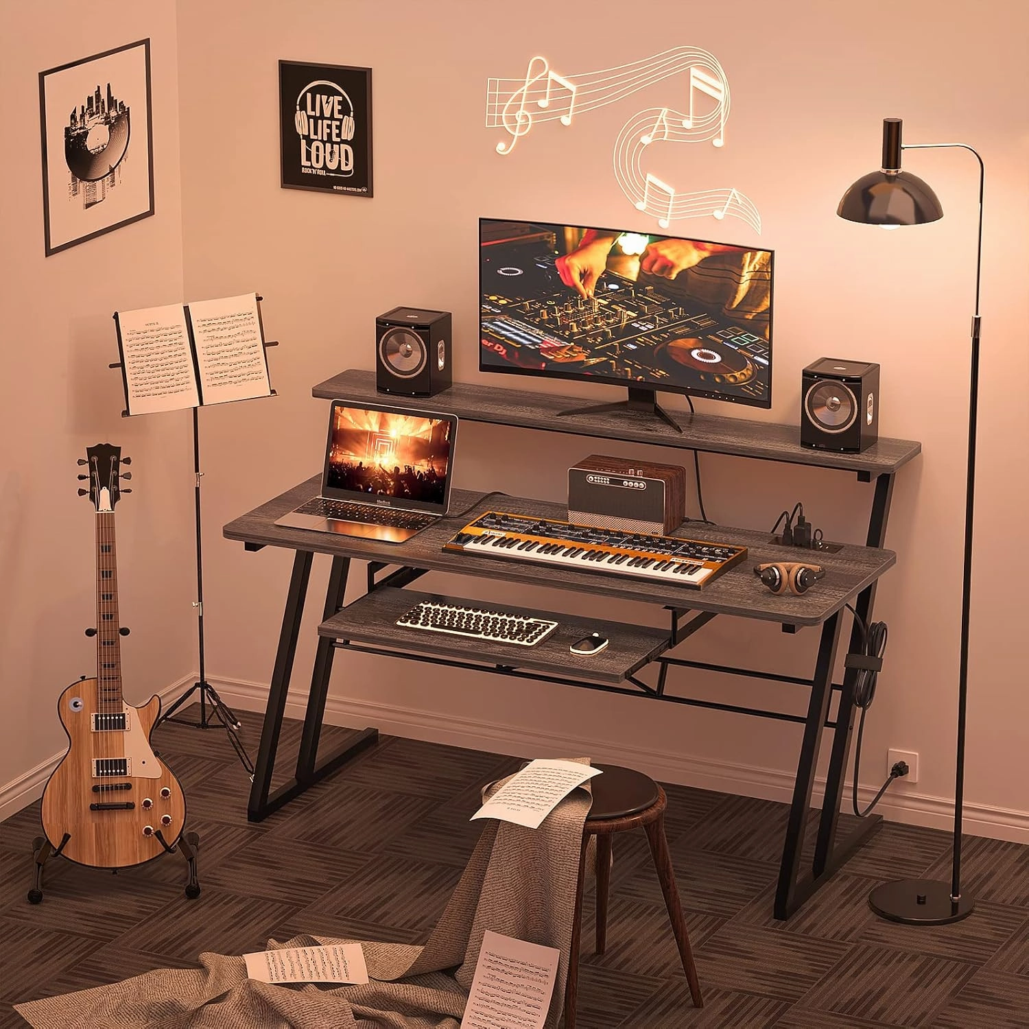 armocity 47'' Music Studio Desk with Power Outlet, Studio Desk for Music Production, Recording Studio Desk for Producer, Studio Workstation Desk for Music Recording, Piano Tray, Raised Stand, Oak