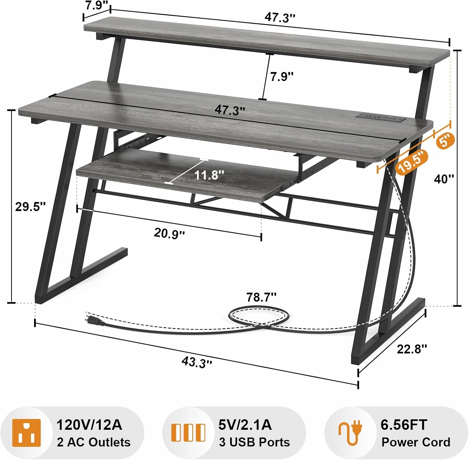 armocity 47'' Music Studio Desk with Power Outlet, Studio Desk for Music Production, Recording Studio Desk for Producer, Studio Workstation Desk for Music Recording, Piano Tray, Raised Stand, Oak
