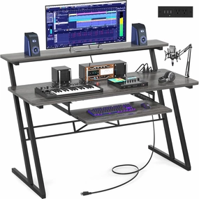 armocity 47'' Music Studio Desk with Power Outlet, Studio Desk for Music Production, Recording Studio Desk for Producer, Studio Workstation Desk for Music Recording, Piano Tray, Raised Stand, Oak studio monitors,nearfield speakers,mixing reference monito
