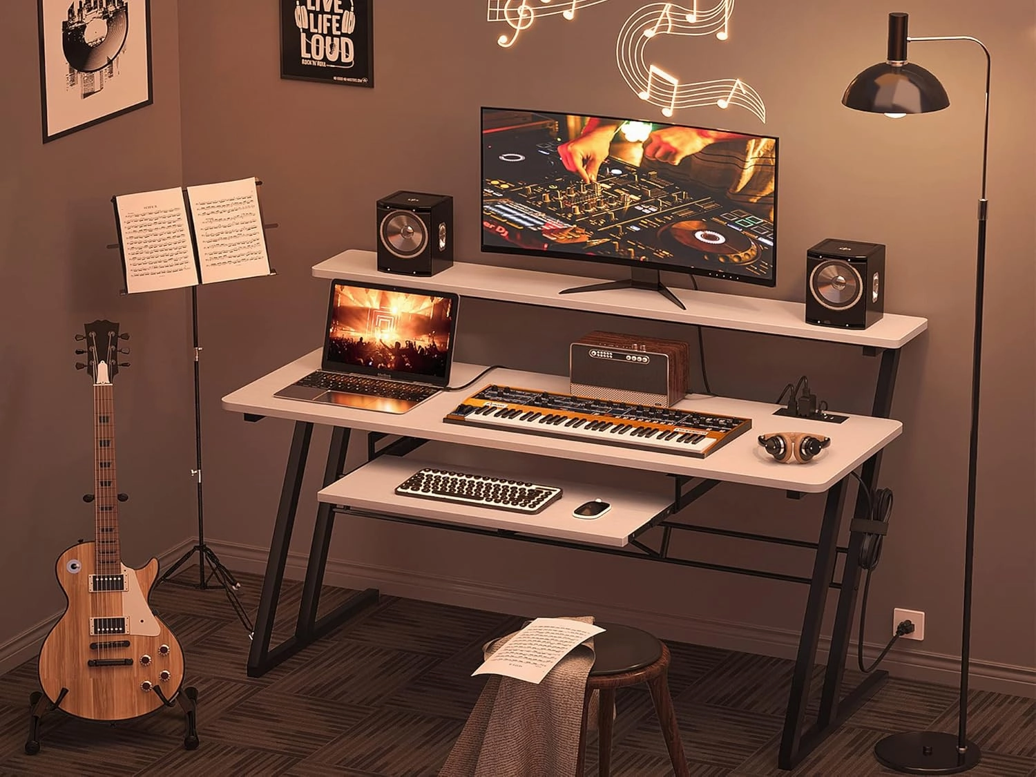 Armocity 47" Music Desk with Power Outlet - Studio Workstation for Music Production & Recording, Piano Tray, Raised Stand, White