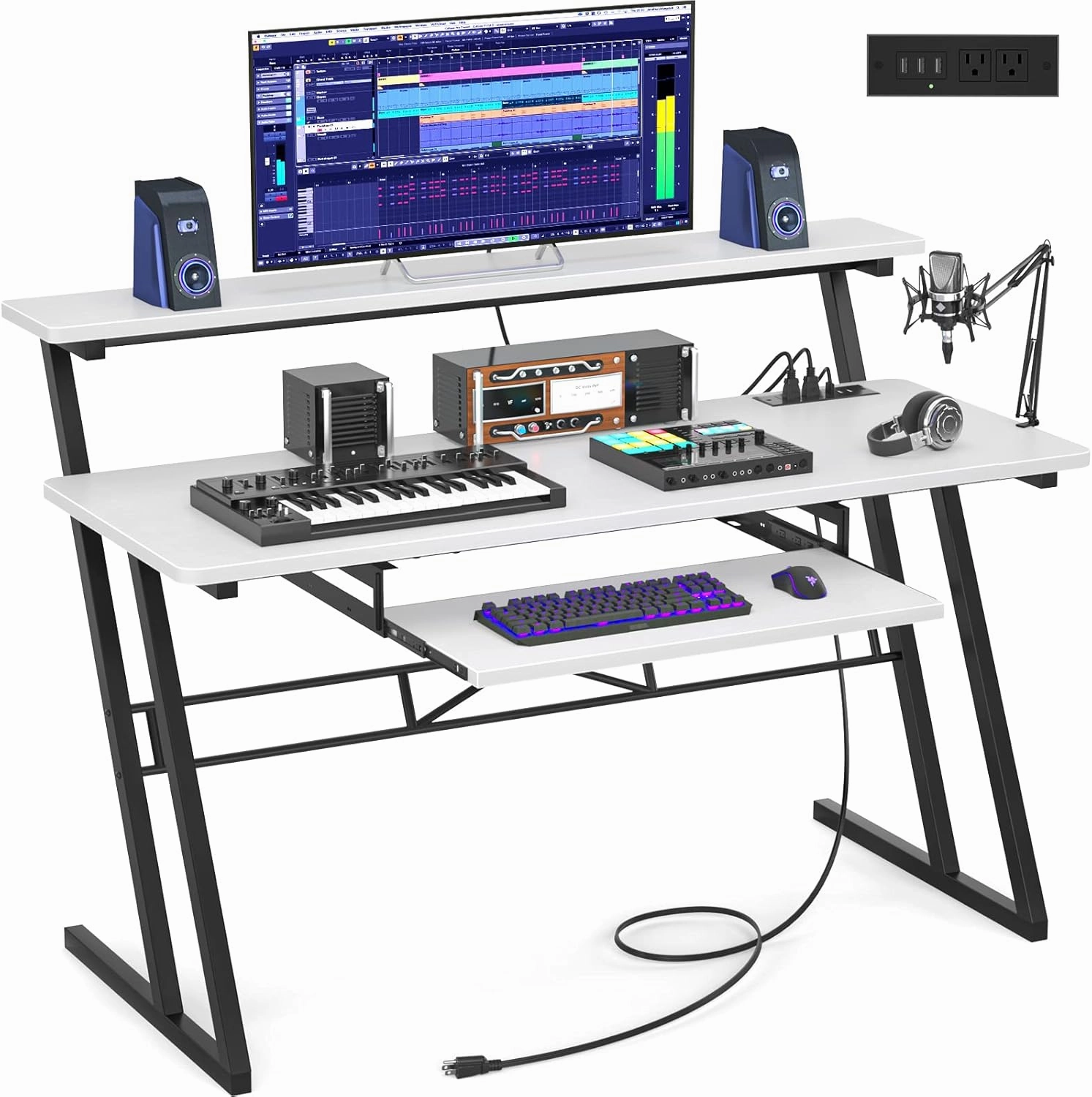 Armocity 47" Music Desk with Power Outlet - Studio Workstation for Music Production & Recording, Piano Tray, Raised Stand, White studio monitors,nearfield speakers,mixing reference monitors,