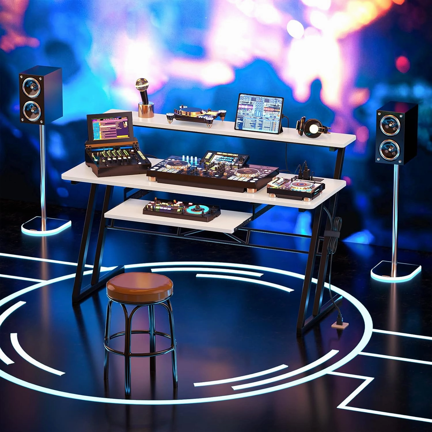 Armocity 47" Music Desk with Power Outlet - Studio Workstation for Music Production & Recording, Piano Tray, Raised Stand, White