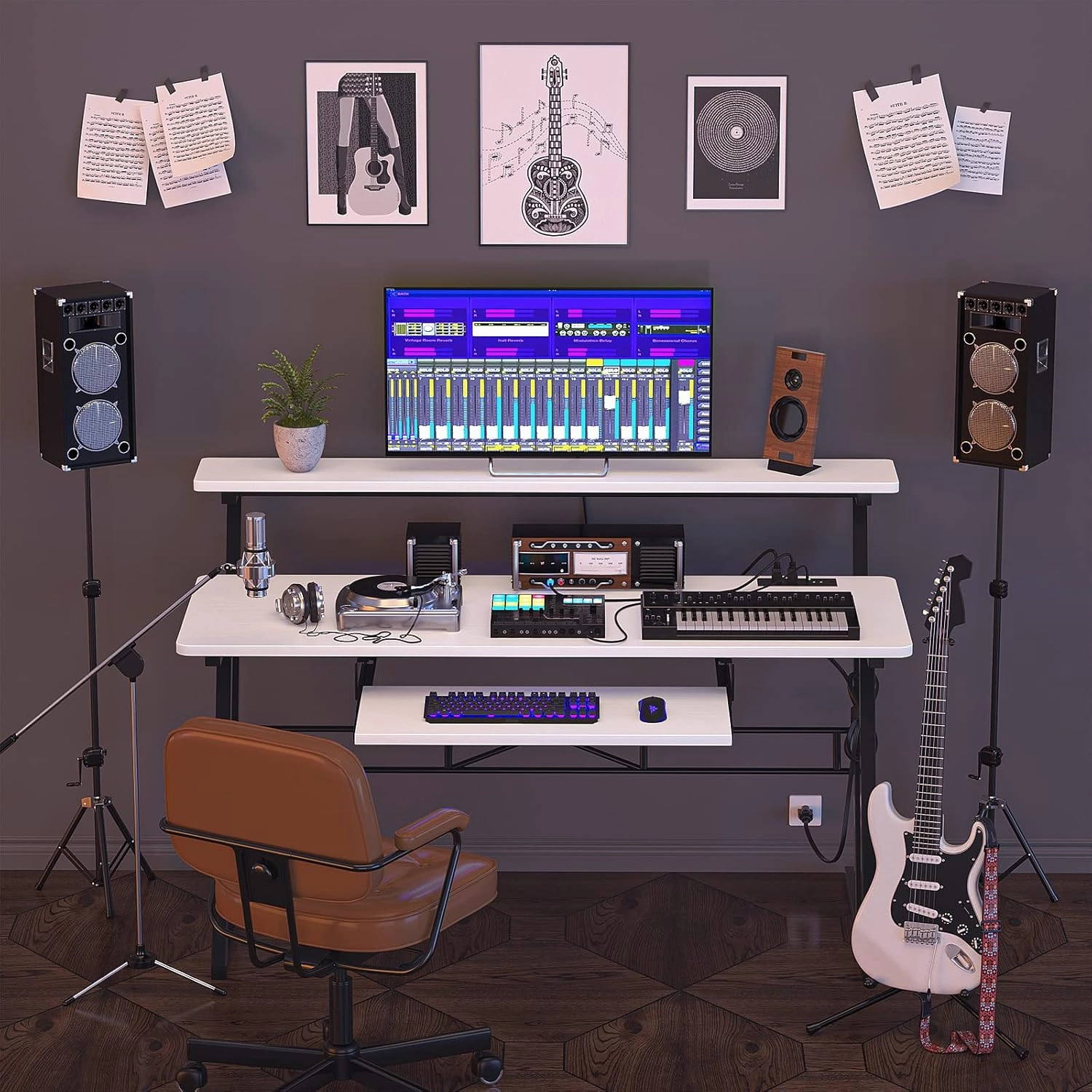 Armocity 47" Music Desk with Power Outlet - Studio Workstation for Music Production & Recording, Piano Tray, Raised Stand, White