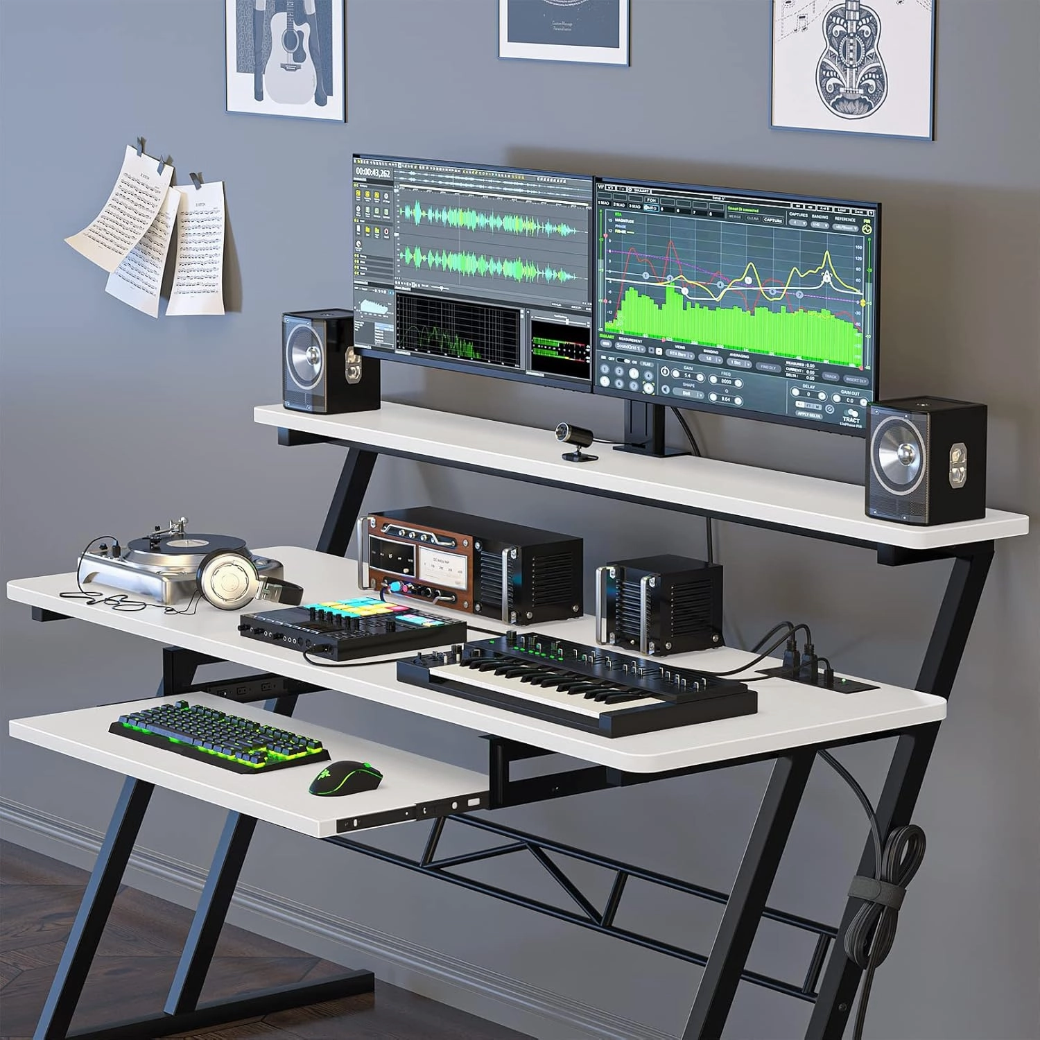 Armocity 47" Music Desk with Power Outlet - Studio Workstation for Music Production & Recording, Piano Tray, Raised Stand, White