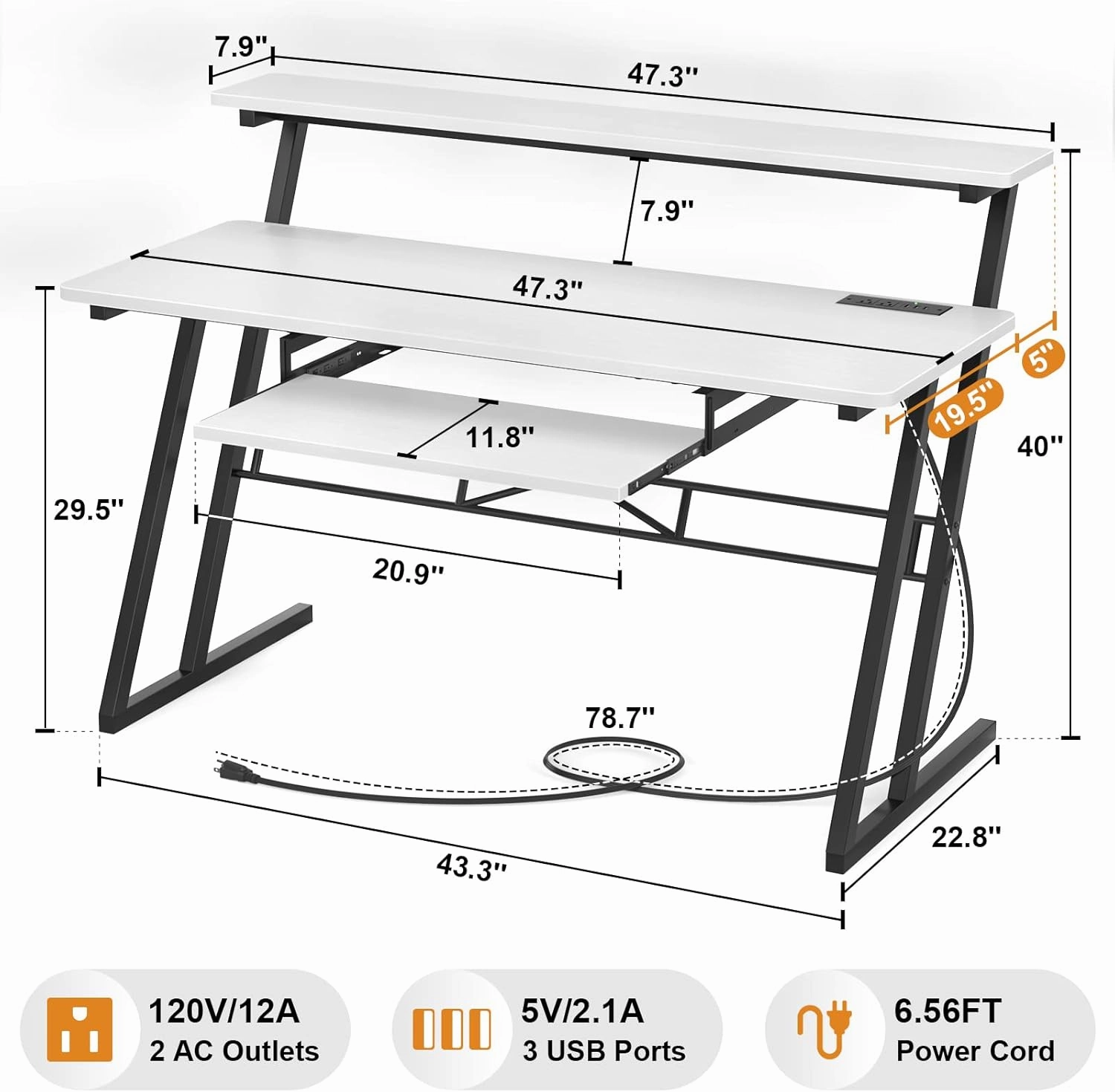 Armocity 47" Music Desk with Power Outlet - Studio Workstation for Music Production & Recording, Piano Tray, Raised Stand, White