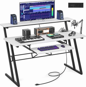 Armocity 47" Music Desk with Power Outlet - Studio Workstation for Music Production & Recording, Piano Tray, Raised Stand, White studio monitors,nearfield speakers,mixing reference monitors,