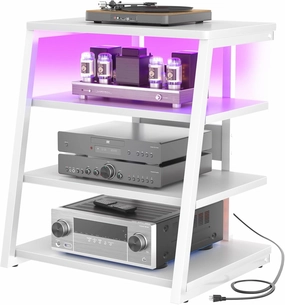 Armocity 4-Tier AV Media Stand with Power Strips, Stereo Stand with LED Lights, Audio Tower Rack with Adjustable Shelves, Small Entertainment Center, 30'', White audio rack,hi-fi component stand,media shelf,