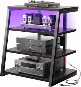 Armocity 4-Tier AV Media Stand with Power Strips, Stereo Stand with LED Lights, Rack Audio Tower with Adjustable Shelves, Small Entertainment Center, 30'', Black Ebony equipment cabinet,AV gear cabinet,component enclosure,