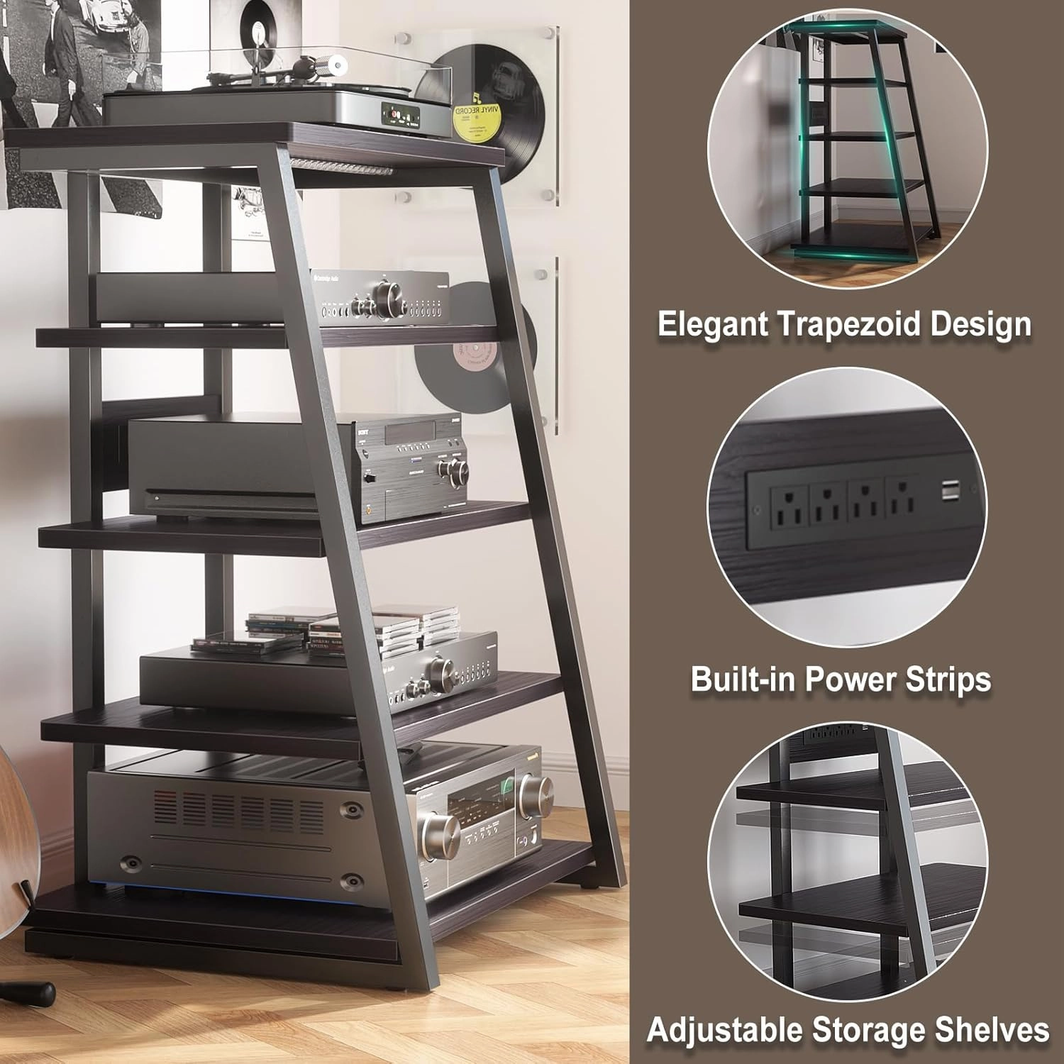 armocity 5-Tier AV Media Stand with Power Strips, Media Console with LED Lights, Audio Tower Rack with Adjustable Shelves, Stereo Stands and Racks, 40.8'', Black Ebony