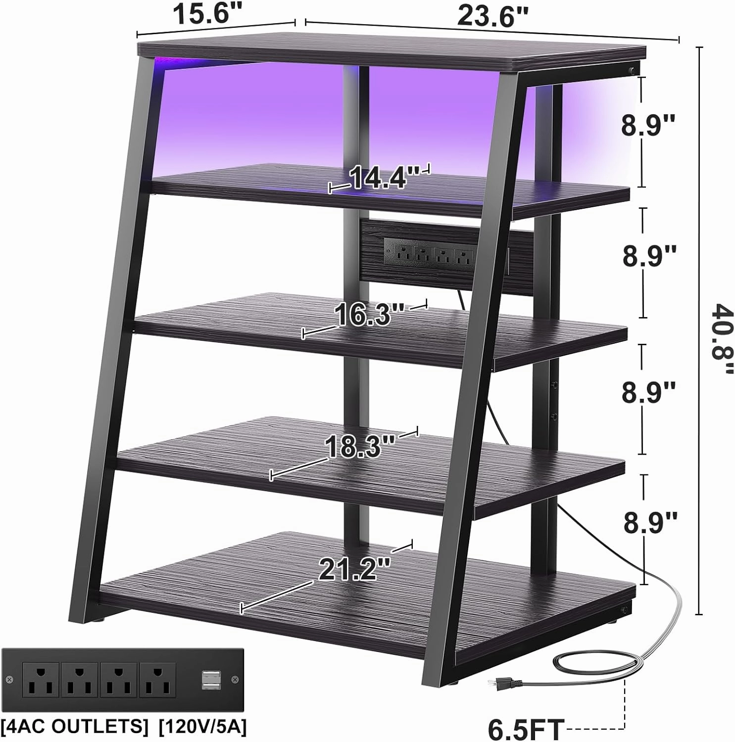 armocity 5-Tier AV Media Stand with Power Strips, Media Console with LED Lights, Audio Tower Rack with Adjustable Shelves, Stereo Stands and Racks, 40.8'', Black Ebony