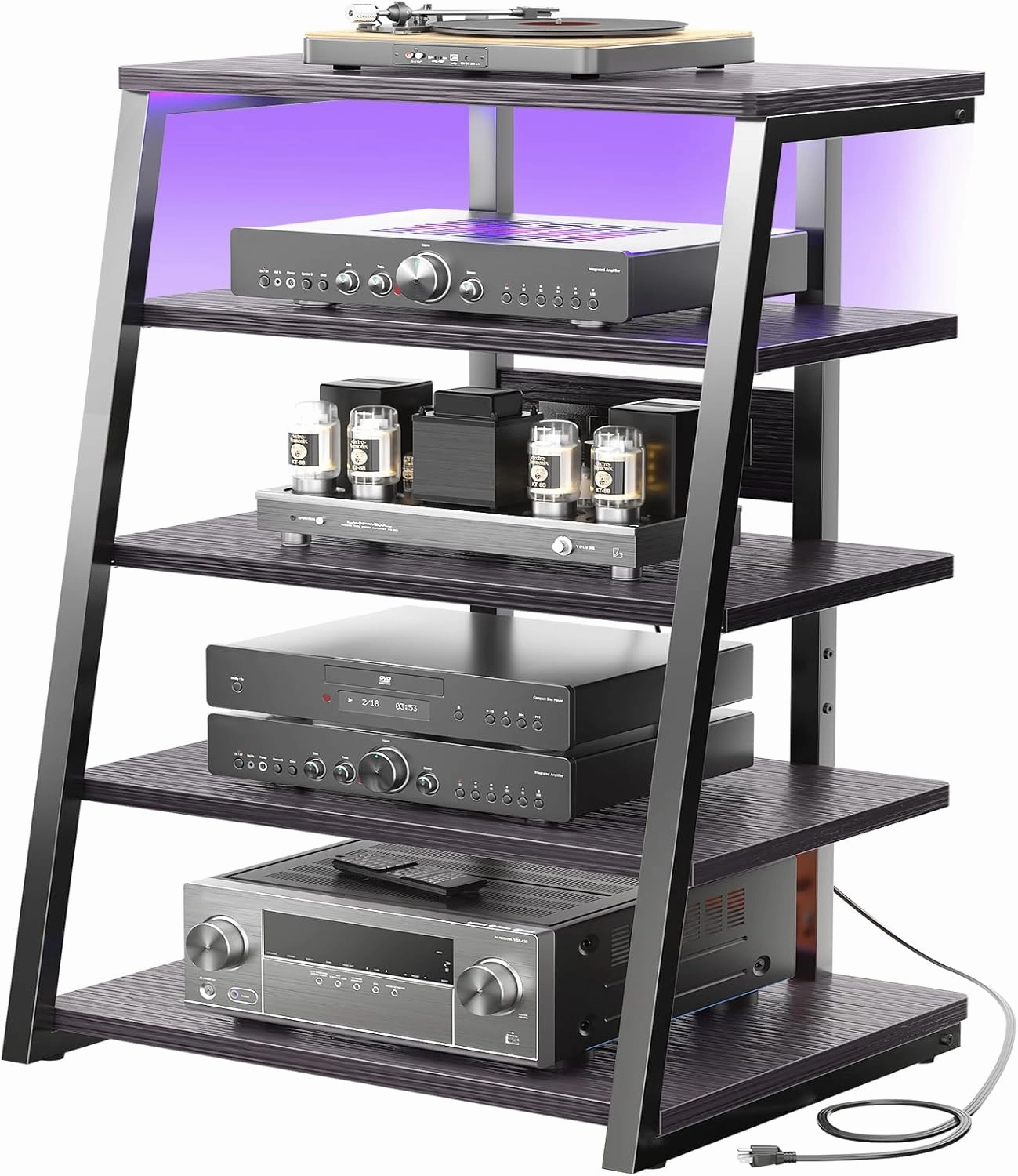 armocity 5-Tier AV Media Stand with Power Strips, Media Console with LED Lights, Audio Tower Rack with Adjustable Shelves, Stereo Stands and Racks, 40.8'', Black Ebony audio rack,hi-fi component stand,media shelf,
