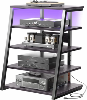 armocity 5-Tier AV Media Stand with Power Strips, Media Console with LED Lights, Audio Tower Rack with Adjustable Shelves, Stereo Stands and Racks, 40.8'', Black Ebony audio rack,hi-fi component stand,media shelf,