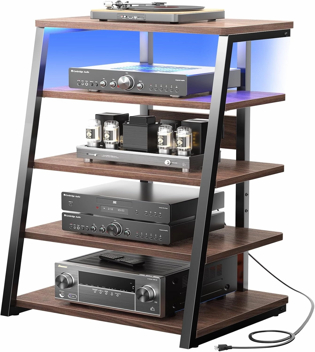 armocity 5-Tier AV Media Stand with Power Strips, Media Console with LED Lights, Audio Tower Rack with Adjustable Shelves, Stereo Stands and Racks, 40.8'', Black Walnut audio rack,hi-fi component stand,media shelf,