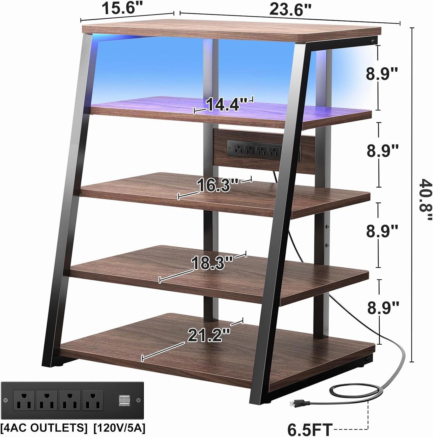 armocity 5-Tier AV Media Stand with Power Strips, Media Console with LED Lights, Audio Tower Rack with Adjustable Shelves, Stereo Stands and Racks, 40.8'', Black Walnut