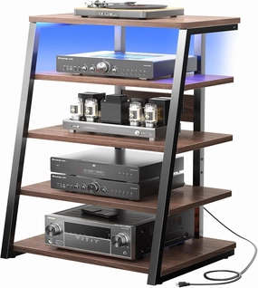 armocity 5-Tier AV Media Stand with Power Strips, Media Console with LED Lights, Audio Tower Rack with Adjustable Shelves, Stereo Stands and Racks, 40.8'', Black Walnut audio rack,hi-fi component stand,media shelf,
