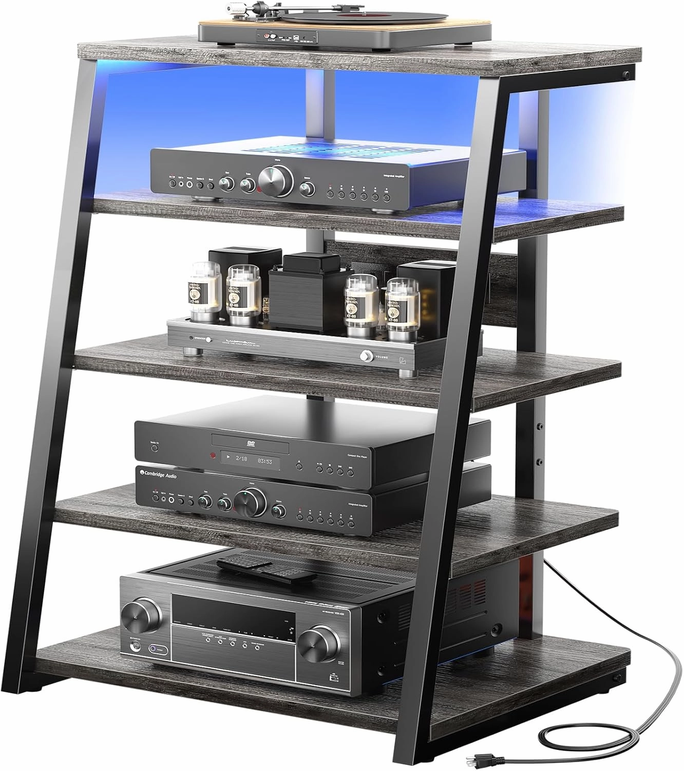 armocity 5-Tier AV Media Stand with Power Strips, Media Console with LED Lights, Audio Tower Rack with Adjustable Shelves, Stereo Stands and Racks, 40.8'', Grey Oak audio rack,hi-fi component stand,media shelf,