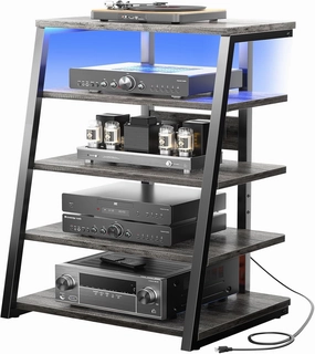 armocity 5-Tier AV Media Stand with Power Strips, Media Console with LED Lights, Audio Tower Rack with Adjustable Shelves, Stereo Stands and Racks, 40.8'', Grey Oak audio rack,hi-fi component stand,media shelf,