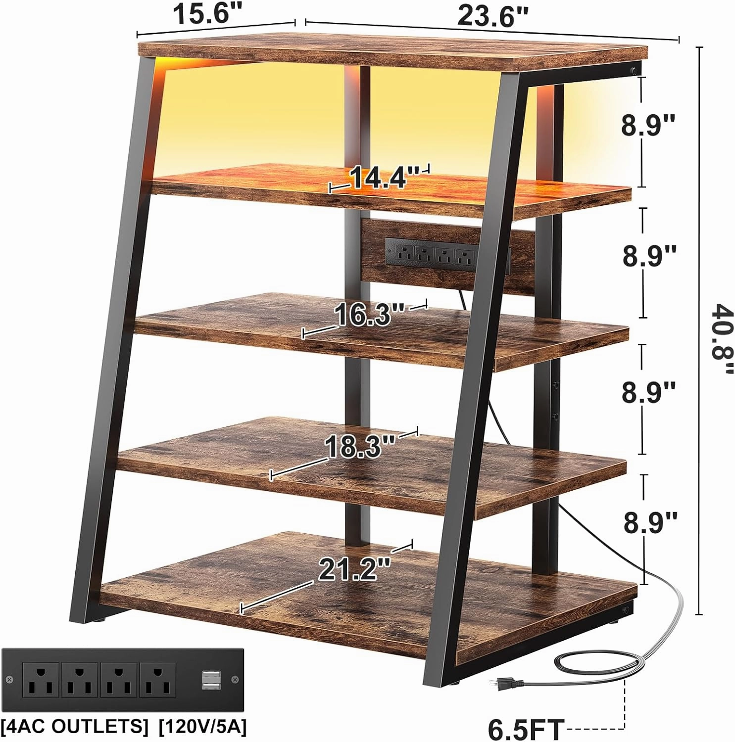 armocity 5-Tier AV Media Stand with Power Strips, Media Console with LED Lights, Audio Tower Rack with Adjustable Shelves, Stereo Stands and Racks, 40.8'', Rustic Brown