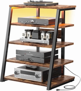 armocity 5-Tier AV Media Stand with Power Strips, Media Console with LED Lights, Audio Tower Rack with Adjustable Shelves, Stereo Stands and Racks, 40.8'', Rustic Brown audio rack,hi-fi component stand,media shelf,