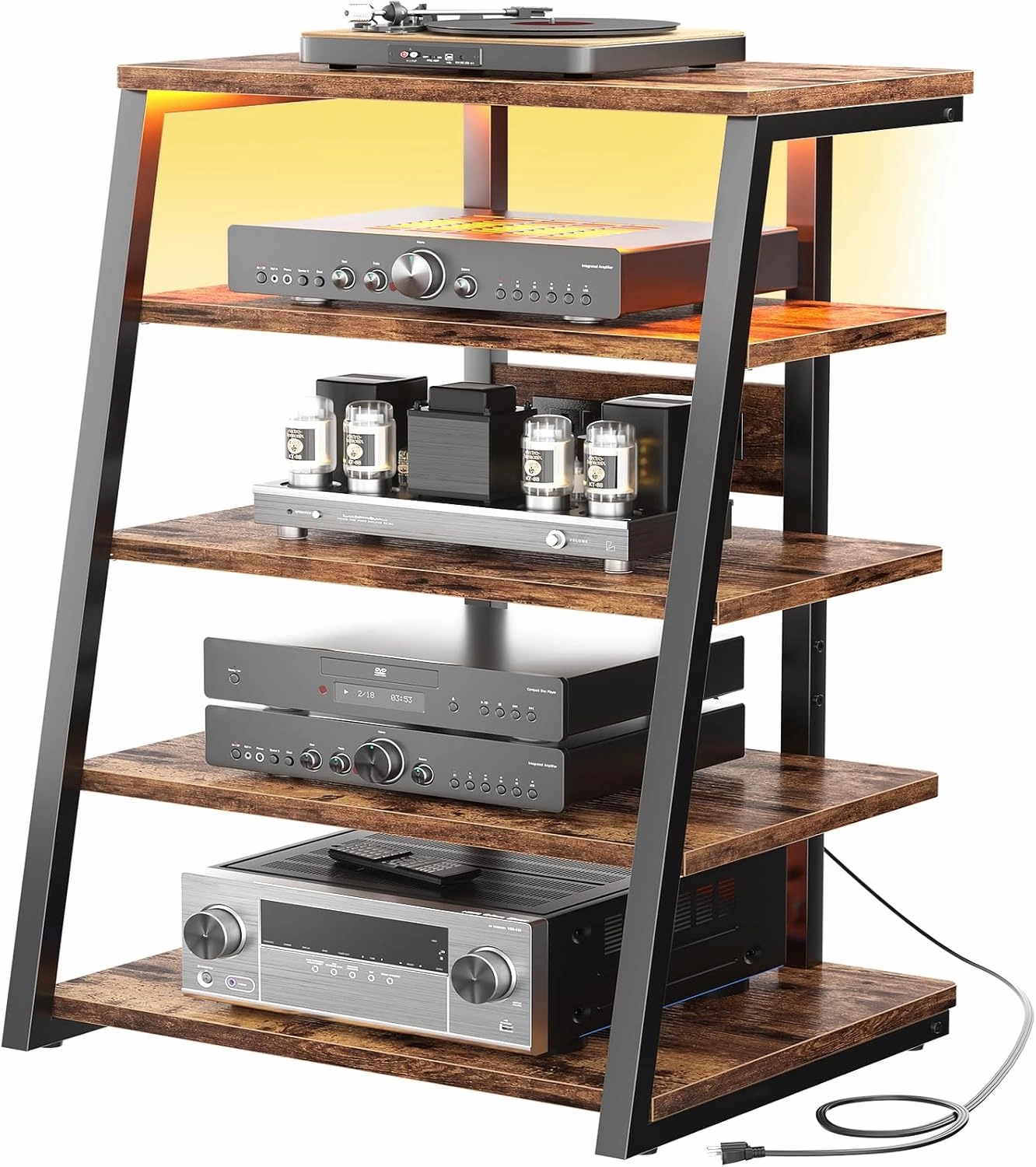 armocity 5-Tier AV Media Stand with Power Strips, Media Console with LED Lights, Audio Tower Rack with Adjustable Shelves, Stereo Stands and Racks, 40.8'', Rustic Brown audio rack,hi-fi component stand,media shelf,