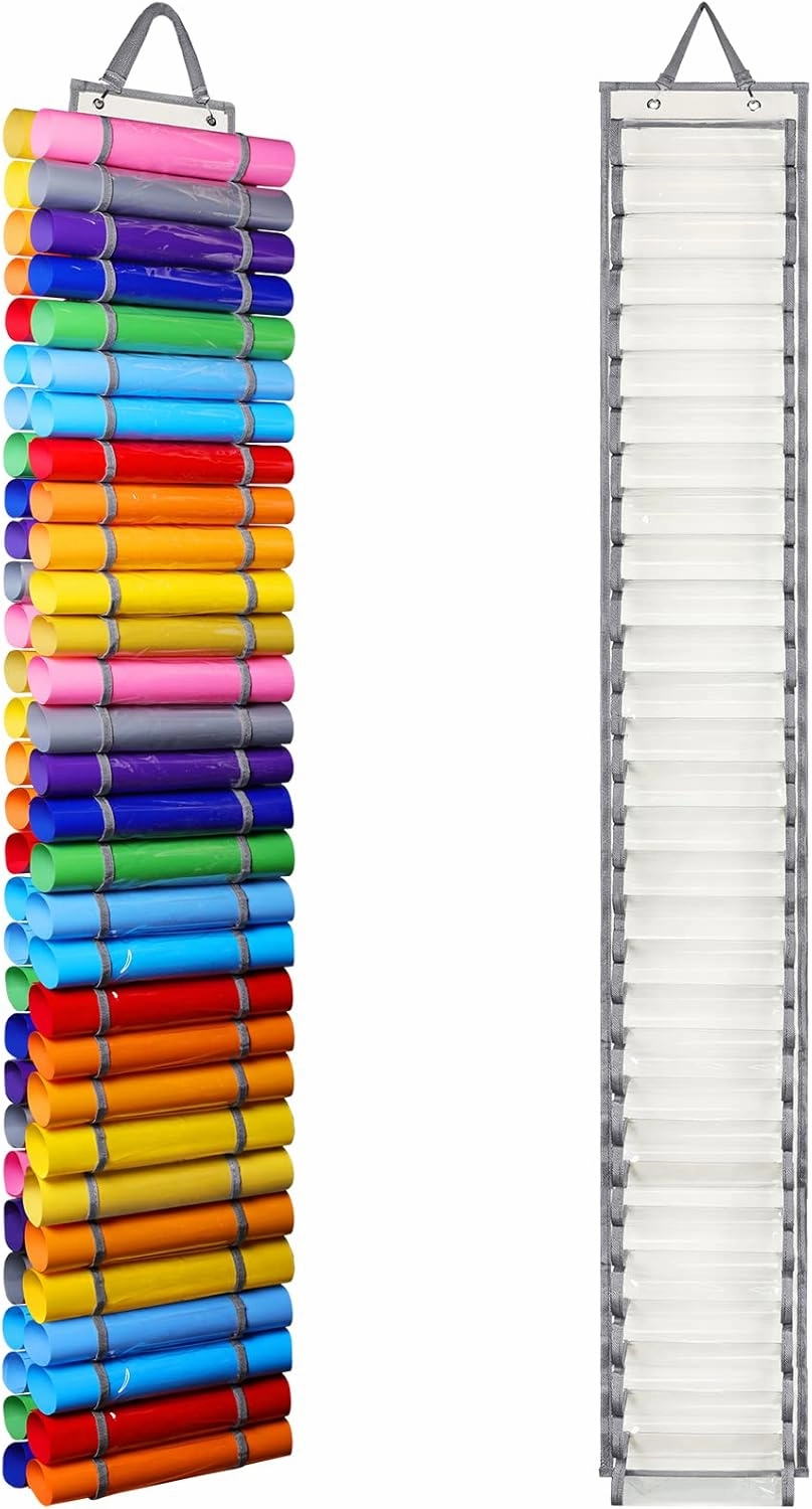 AROUY Vinyl Storage Organizer - Vinyl Roll Holder Wall Mount/Over The Door, Craft Vinyl Storage Rack, Hanging Organizer Storage (60 Compartments, Beige) vinyl storage,record holder,LP organizer,
