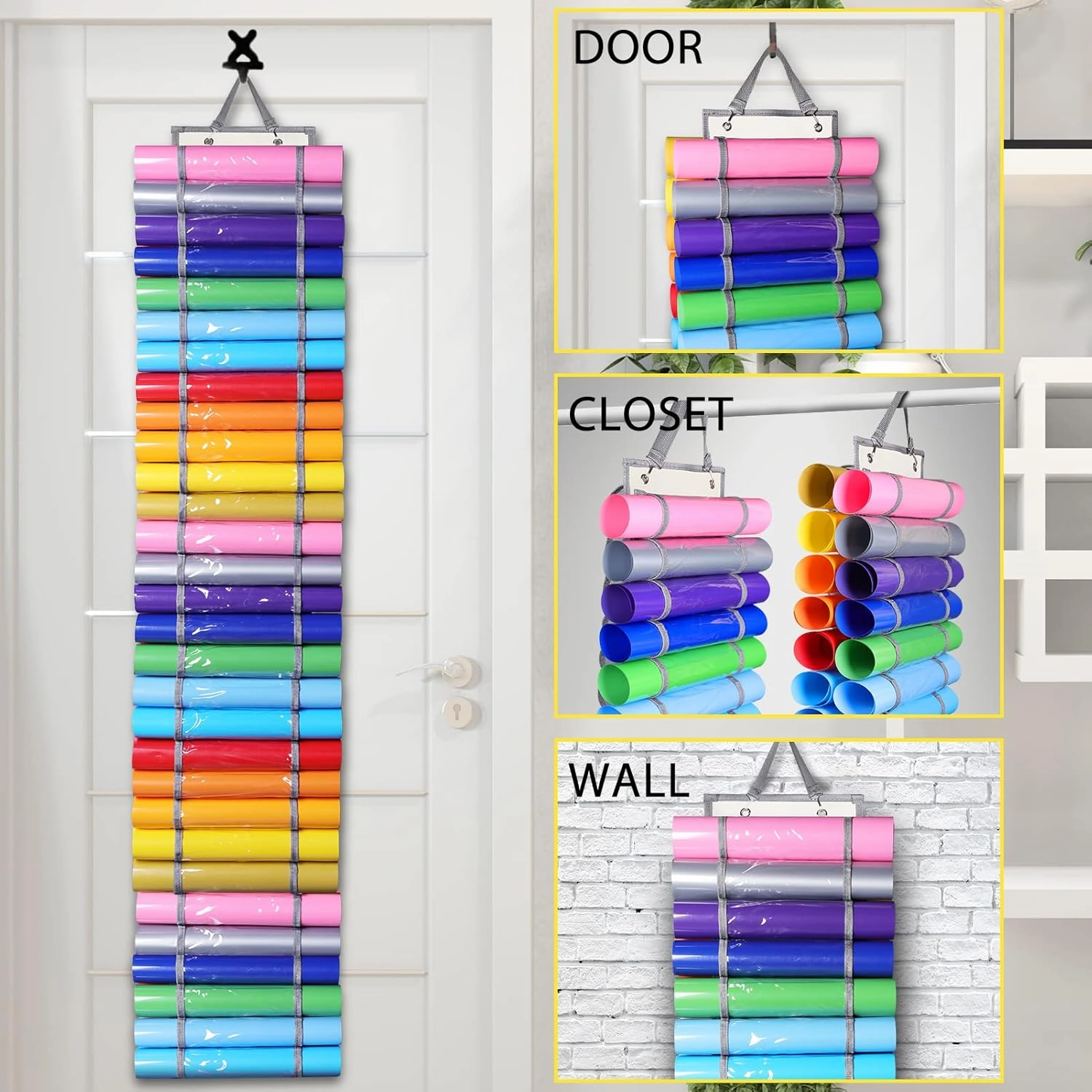 AROUY Vinyl Storage Organizer - Vinyl Roll Holder Wall Mount/Over The Door, Craft Vinyl Storage Rack, Hanging Organizer Storage (60 Compartments, Beige)