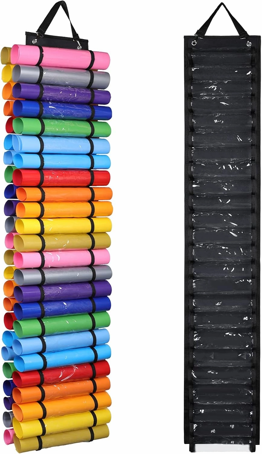 AROUY Vinyl Storage Organizer - Vinyl Roll Holder Wall Mount/Over The Door, Craft Vinyl Storage Rack, Hanging Organizer Storage with 48 Roll Compartments (48 - Black) vinyl storage,record holder,LP organizer,