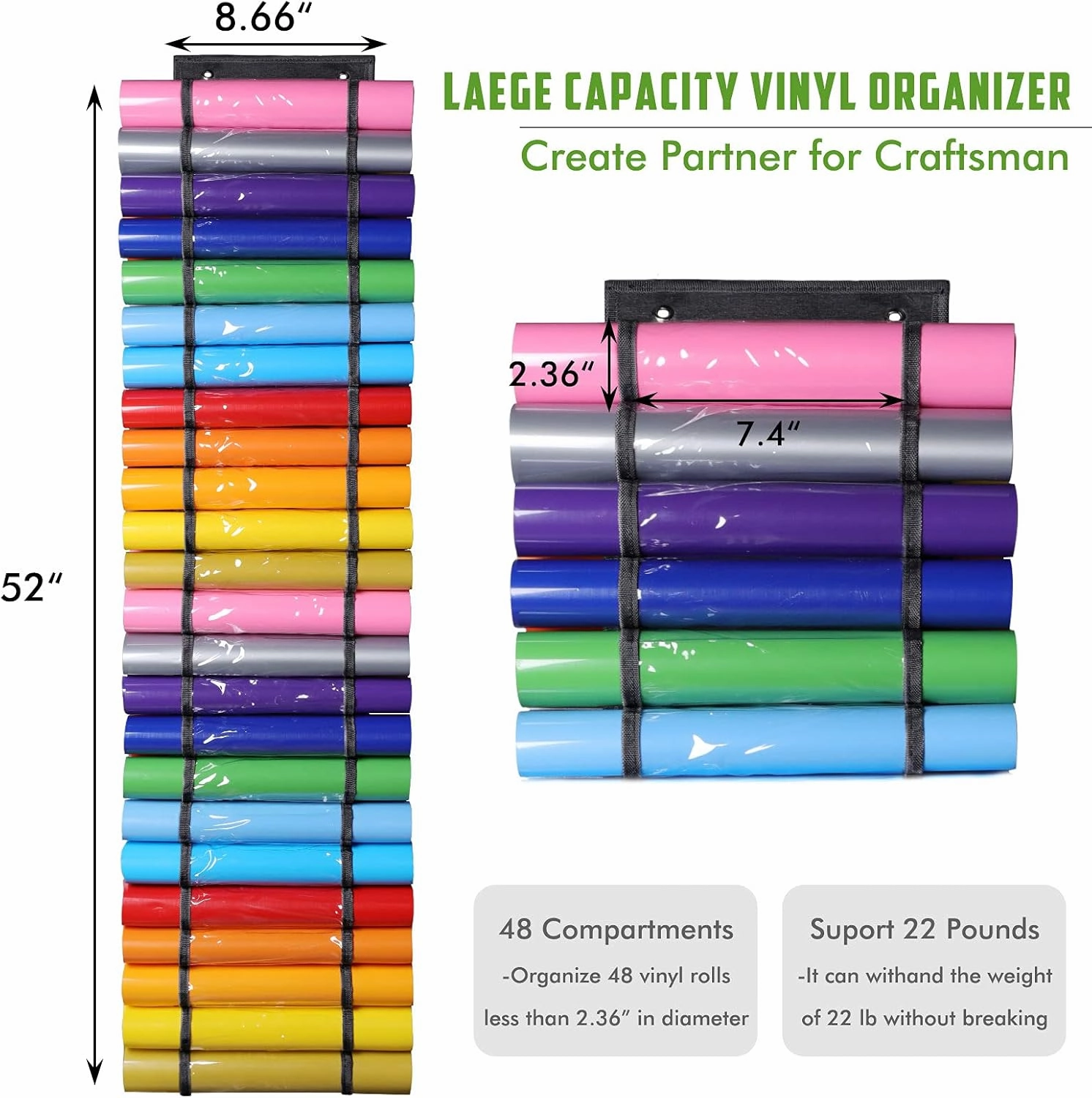 AROUY Vinyl Storage Organizer - Vinyl Roll Holder Wall Mount/Over The Door, Craft Vinyl Storage Rack, Hanging Organizer Storage with 48 Roll Compartments (48 - Black)