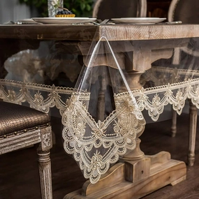 ARTABLE Vinyl PVC Rectangle Tablecloth Waterproof Clear Table Cover with Champagne Lace Macrame Border for Wedding Kitchen Home Outdoor Indoor Holidays Party Decor (Champagne, 65 x 95 Inch) vinyl accessories,turntable parts,record player tools,