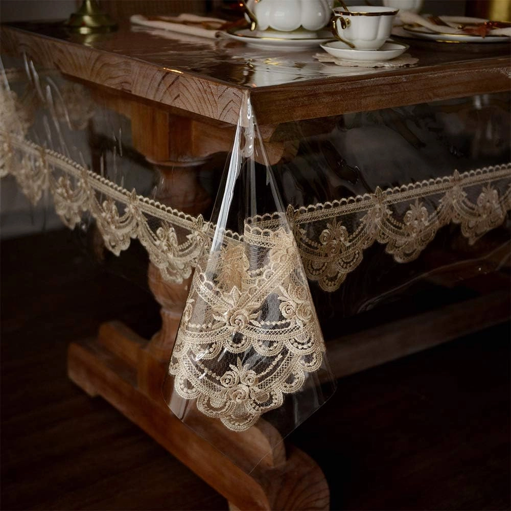 ARTABLE Vinyl PVC Rectangle Tablecloth Waterproof Clear Table Cover with Champagne Lace Macrame Border for Wedding Kitchen Home Outdoor Indoor Holidays Party Decor (Champagne, 65 x 95 Inch)