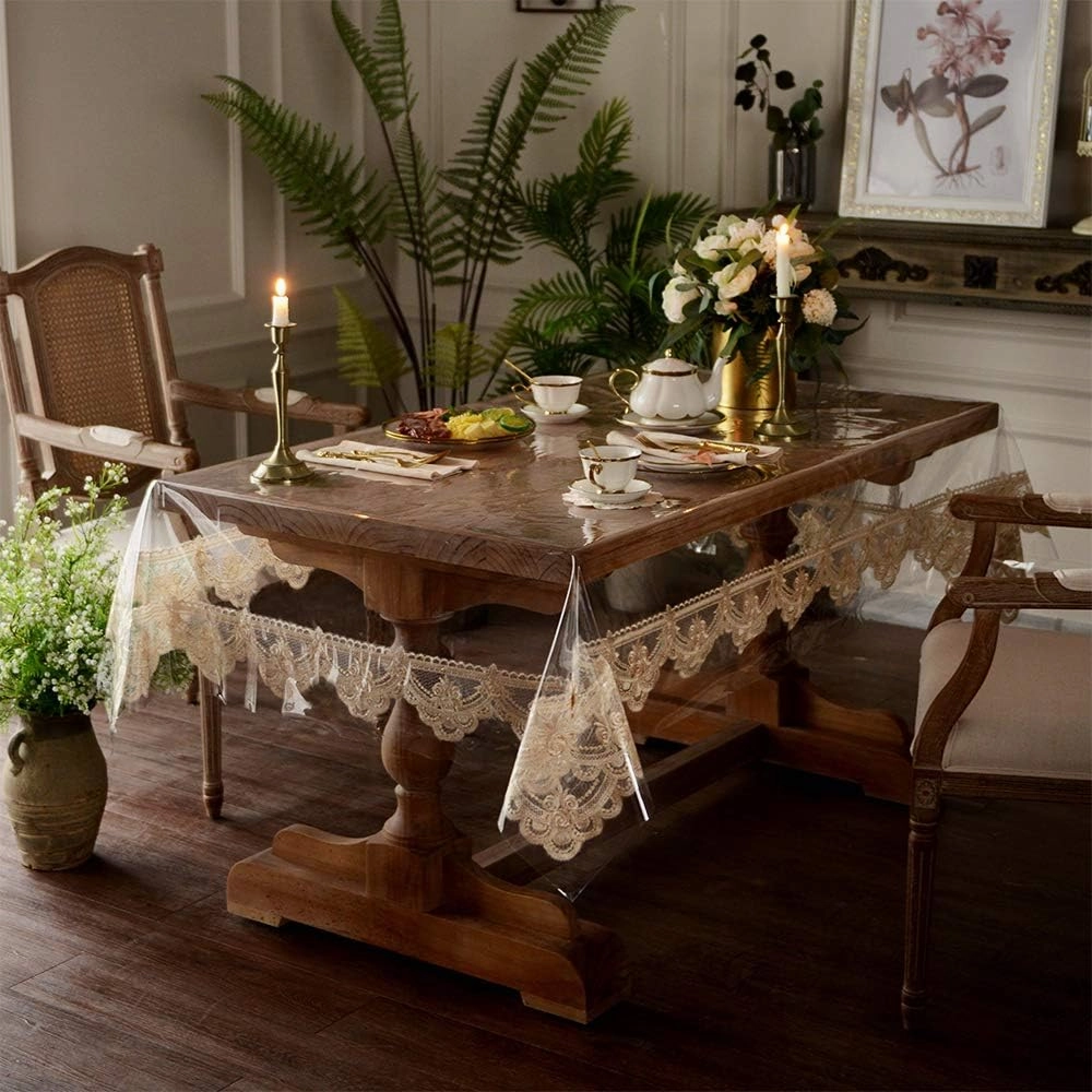 ARTABLE Vinyl PVC Rectangle Tablecloth Waterproof Clear Table Cover with Champagne Lace Macrame Border for Wedding Kitchen Home Outdoor Indoor Holidays Party Decor (Champagne, 65 x 95 Inch)